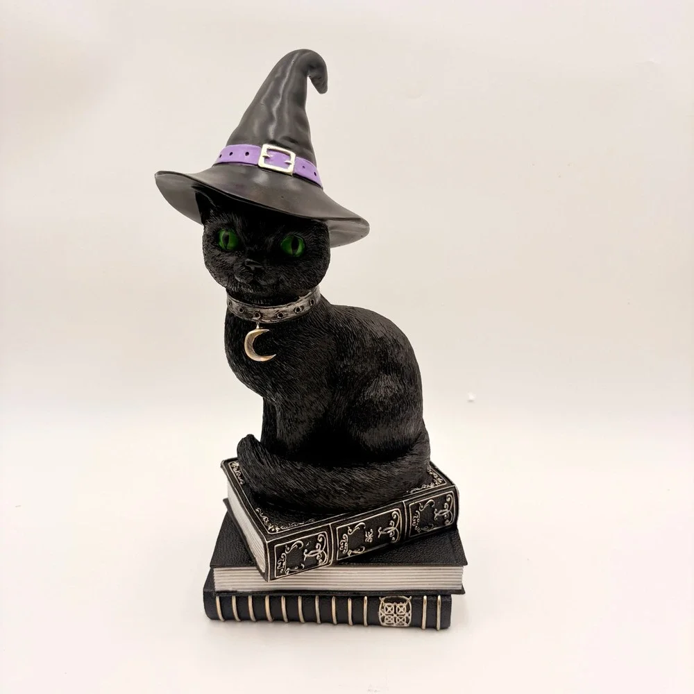Black Cat Witch Figurine on Spell Books Gothic Halloween Decor Green Eyes Hat